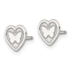 Sterling Silver Polished and Textured Butterfly in Heart Childrens 14 inch Necklace and Post Earrings Set