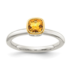 Shey Couture Sterling Silver Rhodium-plated with 14k Accent Polished Cushion-cut Citrine Ring - 3