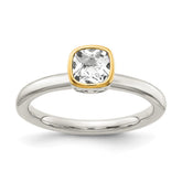 Shey Couture Sterling Silver Rhodium-plated with 14K Accent Polished Cushion-cut White Topaz Ring