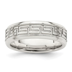 Sterling Silver 6mm Polished Flat Greek Key Design Beveled Edge Fancy Band Size 9.5