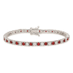 Sterling Silver Rhodium-plated Red Glass and CZ 7 inch Bracelet
