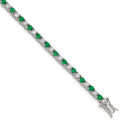 Sterling Silver Rhodium-plated Green Glass and CZ 7 inch Bracelet