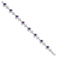 Sterling Silver Rhodium-plated Diamond & Heart Link Amethyst Bracelet