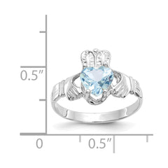 14k White Gold March CZ Birthstone Claddagh Ring
