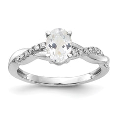 14K White Gold Oval White Topaz and Diamond Ring