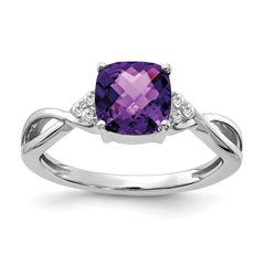 14K White Gold Checkerboard Amethyst and Diamond Ring
