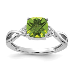 14K White Gold Checkerboard Peridot and Diamond Ring
