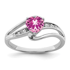 Sterling Silver Rhodium-plated Created Pink Sapphire and Diamond Ring - 10