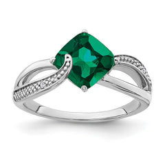 Sterling Silver Rhodium-plated Created Emerald and Diamond Ring - 19