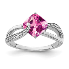 Sterling Silver Rhodium-plated Created Pink Sapphire and Diamond Ring - 7