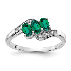 Sterling Silver Rhodium-plated Created Emerald and Diamond Ring - 22