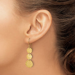 14K Polished and Textured 3-Tier Circle Drop Shepherd Hook Dangle Earrings