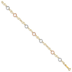 14k Tri-color Polished and Textured Round Circles and Ovals 7.25 inch Bracelet