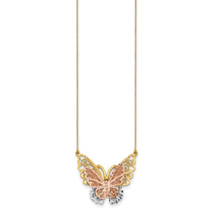 14k Yellow and Rose Gold with White Rhodium Large Filigree Butterfly 18 inch Necklace