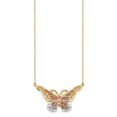 14k Yellow and Rose Gold with White Rhodium Large Filigree Butterfly 17 inch Necklace