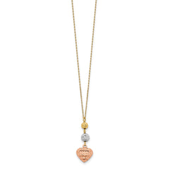 14K Tri-color Diamond-cut Beads and Puffed Heart 16 inch Necklace Plus 2 inch Extender