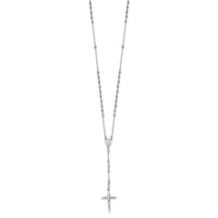 14k White Gold Polished Crucifix and Miraculous Medal with 3mm Mirror Beads 24 inch Rosary Necklace