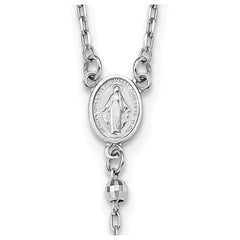 14k White Gold Polished Crucifix and Miraculous Medal with 3mm Mirror Beads 24 inch Rosary Necklace
