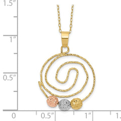 14k Tri-color Diamond-cut Beads on Spiral Pendant 18 inch Necklace