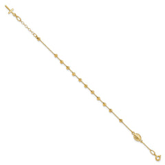 14k Polished Cross and Miraculous Medal with Diamond-cut Beads 6 inch Childs Rosary Bracelet with 0.75 inch Extender