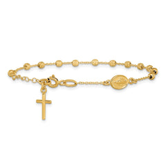 14k Polished Cross and Miraculous Medal with Diamond-cut Beads 6 inch Childs Rosary Bracelet with 0.75 inch Extender