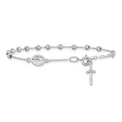 14k White Gold Polished Cross and Miraculous Medal with Diamond-cut Beads 6 inch Childs Rosary Bracelet with 0.75 inch Extender