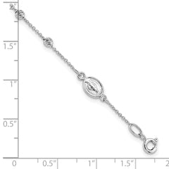 14k White Gold Polished Cross and Miraculous Medal with Diamond-cut Beads 6 inch Childs Rosary Bracelet with 0.75 inch Extender