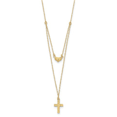 14k Polished 2-Strand Diamond-cut Cross and Heart 16 inch Necklace Plus 2 inch Extender