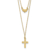 14k Polished 2-Strand Diamond-cut Cross and Heart 16 inch Necklace Plus 2 inch Extender
