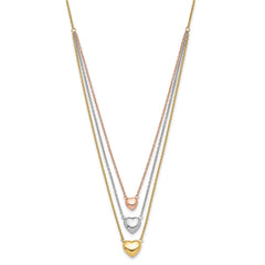 14K Tri-color Three Hearts 16 inch Layered Necklace Plus 1 inch Extender