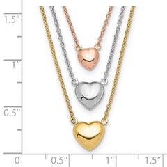 14K Tri-color Three Hearts 16 inch Layered Necklace Plus 1 inch Extender