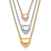 14K Tri-color Three Hearts 16 inch Layered Necklace Plus 1 inch Extender