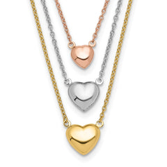14K Tri-color Three Hearts 16 inch Layered Necklace Plus 1 inch Extender