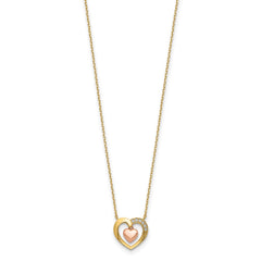 14K Two-Tone CZ Heart-in-Heart 18 inch Necklace Plus 2 inch Extender