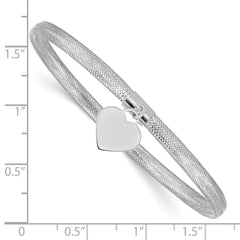 14K with White Rhodium 4mm Heart Dangle Woven Mesh Slip-on Stretch Bracelet