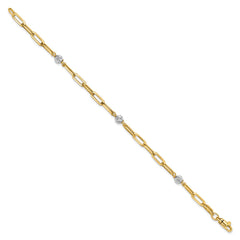 14K Two-tone Polished Diamond-cut Beads and Paperclip Links 7.5 inch Bracelet