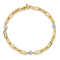14K Two-tone Polished Diamond-cut Beads and Paperclip Links 7.5 inch Bracelet