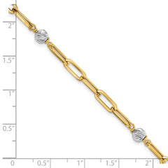 14K Two-tone Polished Diamond-cut Beads and Paperclip Links 7.5 inch Bracelet