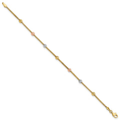 14k Tri-color Diamond-cut Beads and Mesh Chain 7-Station 7.25 inch Bracelet