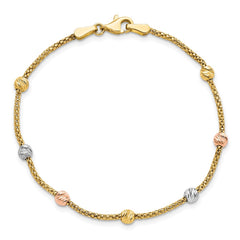 14k Tri-color Diamond-cut Beads and Mesh Chain 7-Station 7.25 inch Bracelet