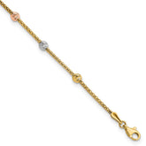 14k Tri-color Diamond-cut Beads and Mesh Chain 7-Station 7.25 inch Bracelet