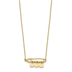 14K Safety Pin with Three Dangle Hearts and Beads 17 inch Necklace