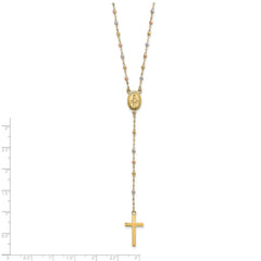 14k Tri-color Cross and Miraculous Medal with Laser-cut Beads 17 inch Rosary Necklace Plus 3 inch Extender