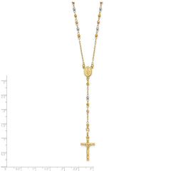 14K Tri-color Polished Crucifix and Miraculous Medal with Faceted Beads 24 inch Rosary Necklace
