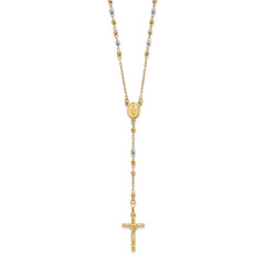 14K Tri-color Polished Crucifix and Miraculous Medal with Faceted Beads 24 inch Rosary Necklace
