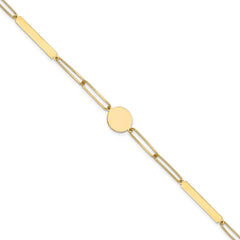 14K Polished Paperclip Link with Circle and Bars 8.25 inch Bracelet