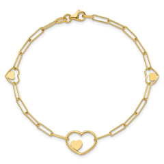 14K Double Hearts and Paperclip Links 7.25in Bracelet