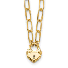 14K Polished Heart Lock Charm Paperclip Link 17.25 inch Necklace