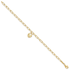 14K Polished Heart Lock Charm Paperclip Link 7.5 inch Bracelet