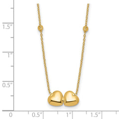 14K Polished Double Heart with Diamond-cut Beads 16 inch Necklace Plus 2 inch Extender